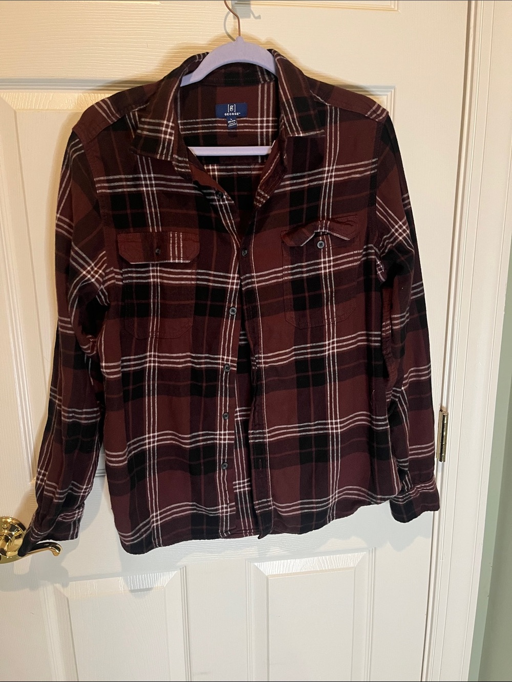 George Men's Burgundy and Black Plaid Button-Down Shirt